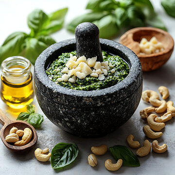 Pesto mortar.  Ingredients for pesto sauce. White background