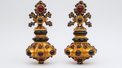 Exquisite antique earrings with intricate designs and rich colors displayed on a white background for a timeless elegance appeal.