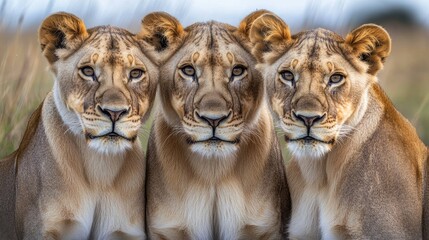 Fototapeta premium Group of Majestic Lionesses in the African Savannah Displaying Their Strength and Beauty