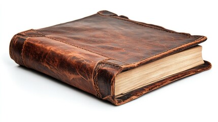 Obraz premium Vintage leather-bound book with aged pages isolated on a clean white background showcasing its unique texture and elegant design.