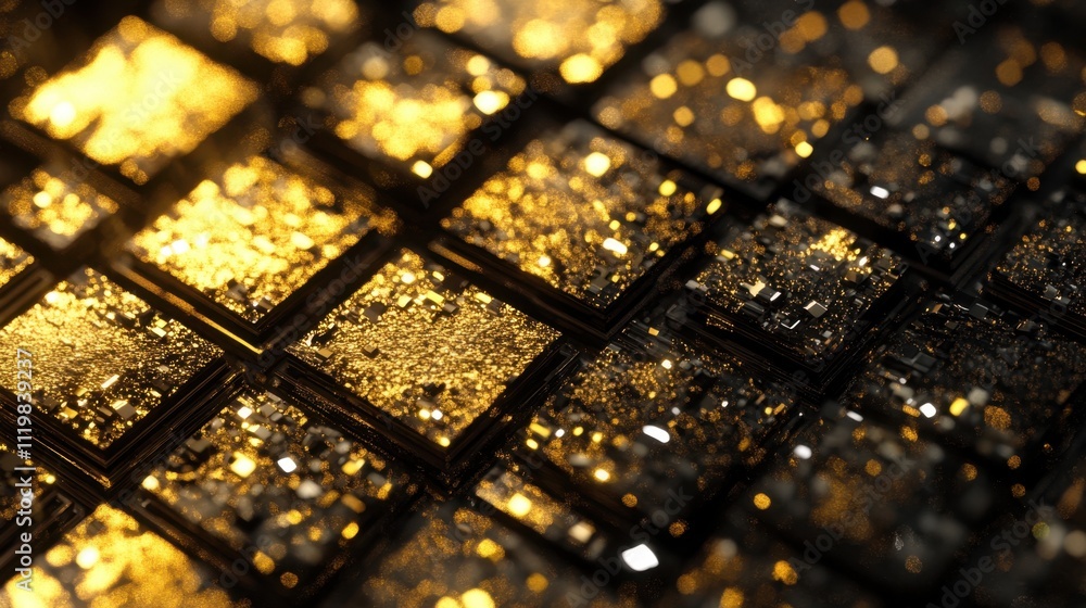 Poster shimmering golden squares with sparkling texture in close-up view