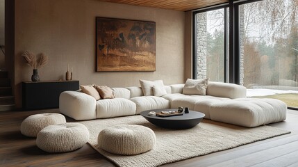 Cozy and Modern Living Room with Plush Beige Rug and L-Shaped Sofa