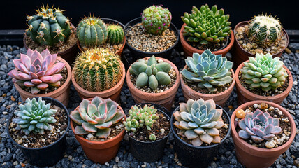 vibrant collection of various cacti and succulents in pots