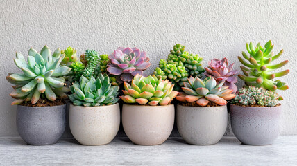 beautiful arrangement of various succulents in decorative pots