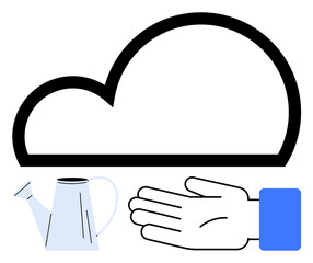 Cloud outline, watering can, open hand. Ideal for cloud computing, data storage, nurturing ideas, cybersecurity, technology growth information sharing digital assistance. Line metaphor