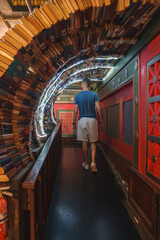 A person walks through a tunnel made of books at The Last Bookstore in Los Angeles, with vibrant...