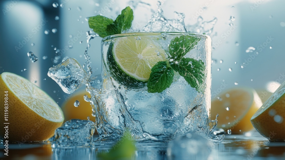Poster refreshing lime and mint drink splashing into a glass with ice cubes and lemon slices.