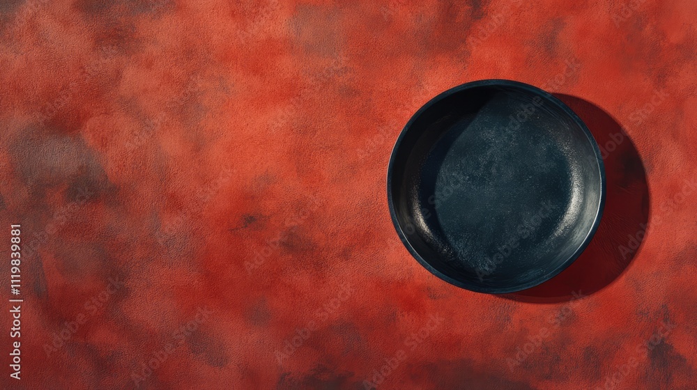 Aufkleber birds eye view of an empty round plate on a textured red backdrop ideal for food presentation or art