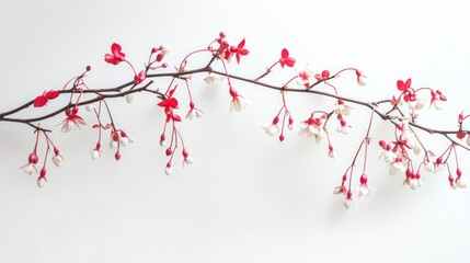 Fuchsia and white floral branch gracefully arranged on a minimalist white background showcasing delicate blooms and artistic elegance