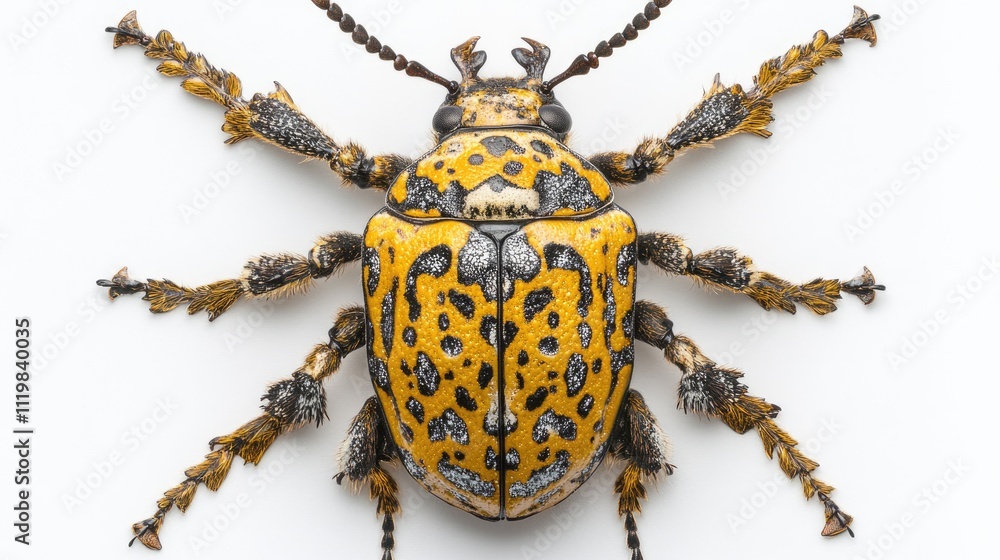 Poster close-up of brightly colored beetle on white background highlighting intricate details and patterns 