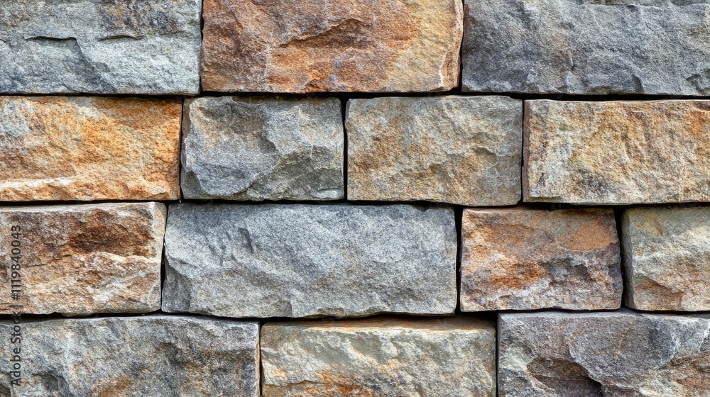 Poster textured stone masonry wall with rustic brown and gray bricks arranged in a seamless pattern for con
