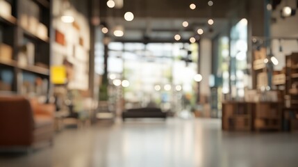 Blurred interior of a large furniture warehouse showcasing aisles and industrial decor with soft lighting ambiance