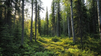 Fototapeta premium Boreal forest landscape featuring tall evergreen trees and lush undergrowth in a serene northern hemisphere environment.