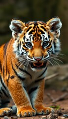 Fototapeta premium Young tiger explores its natural habitat in the forest during daylight hours