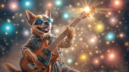 Obraz premium Celebrity pets and petfluencers branding concept. A funky dog wearing sunglasses plays guitar in a colorful scene