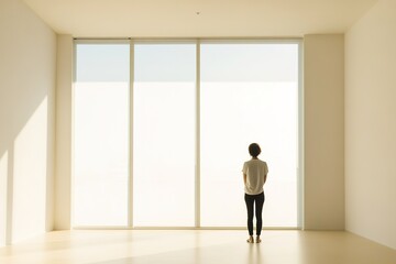 Fototapeta premium person stands in bright room illuminated by soft natural light streaming through large window