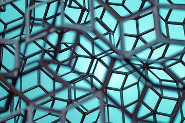 Abstract Geometric Pattern With Interconnected Metallic Structures on a Blue Background Creating a...