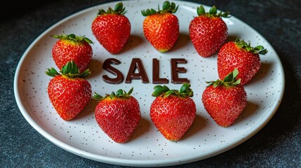 Fresh strawberries arranged on a plate with sale sign for a vibrant market display