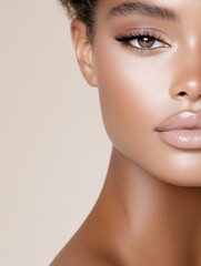 Close-up beauty portrait with natural makeup and soft tones in Pantone Mocha Mousse PMS 17-1230.