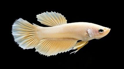 Fototapeta premium Siamese fighting fish Betta splendens Halfmoon variety showcasing elegant fins against a solid black background for dramatic effect.