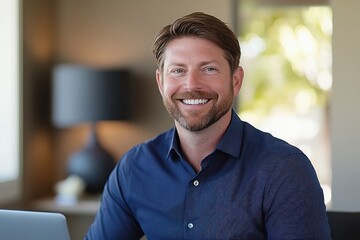 Naklejka premium Professional man, navy blue button-up shirt facial hair friendly smil office environment