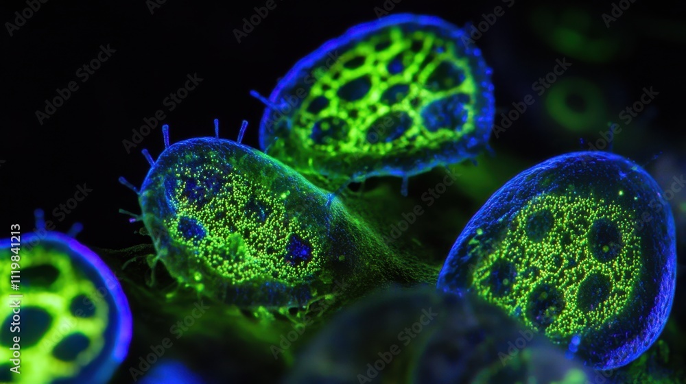 Poster close-up view of colorful microorganisms under a microscope