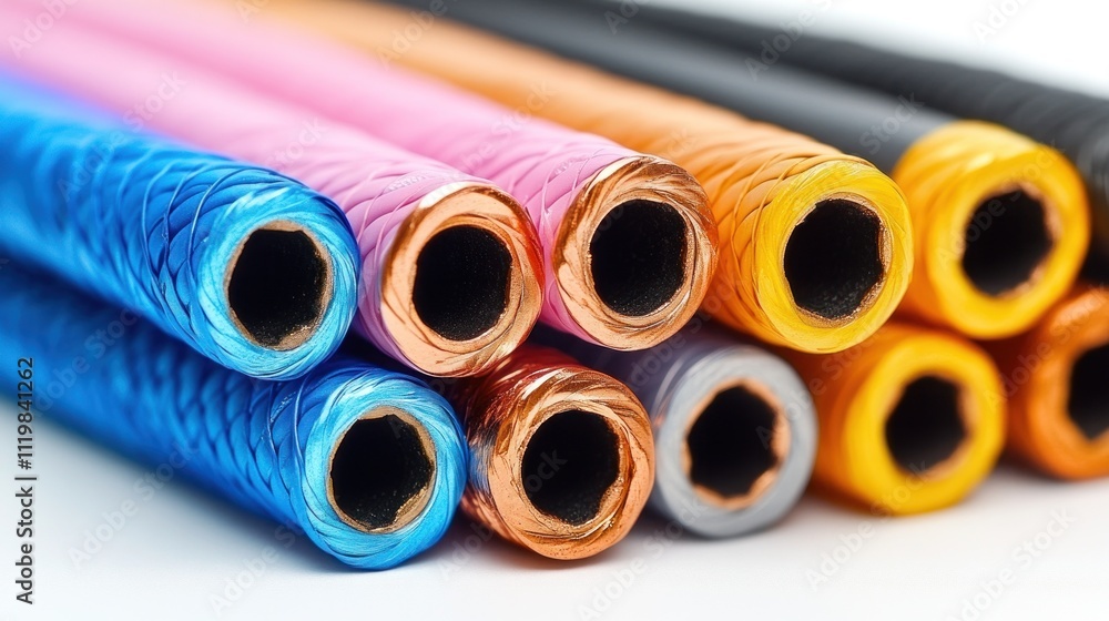 Poster close-up of colorful cylindrical objects with textured surfaces and metallic accents.