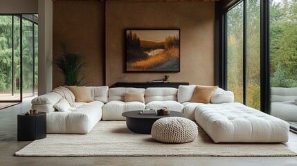 Cozy and Modern Living Room with Plush Beige Rug and L-Shaped Sofa