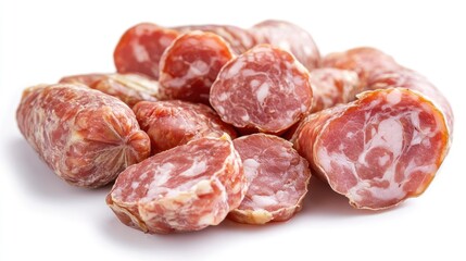Obraz premium Cured sliced ham sausages arranged artistically on a white background showcasing their textures and colors for culinary presentations.