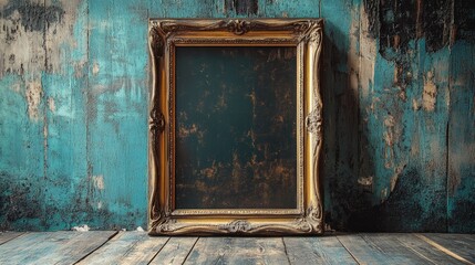 Vintage ornate picture frame against a rustic wooden backdrop with peeling paint creating a nostalgic and artistic ambiance.