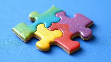 Fototapeta premium Four colorful puzzle pieces interlocked on a blue background.