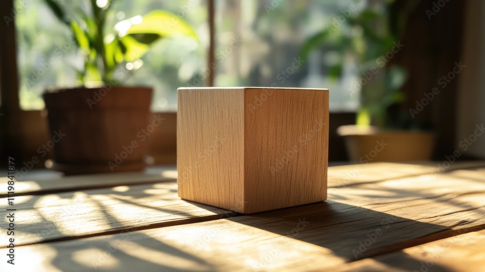 Poster wooden cube block on table with natural light and shadows, ideal for showcasing text or numbers in a