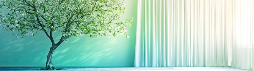 Obraz premium Spring tree in bright room with sheer curtains.