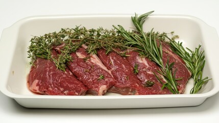 Fototapeta premium Beef tongue arranged with fresh herbs including thyme and rosemary on a white dish for culinary presentation and food styling