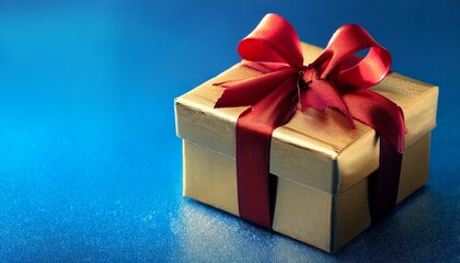 Obraz premium A gold gift box with red ribbonand blue background