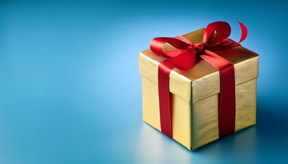 Obraz premium A gold gift box with red ribbonand blue background