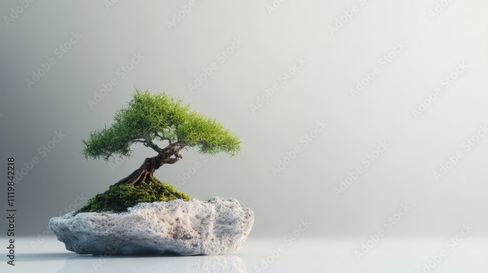 Poster bonsai tree on a stone with minimalistic background representing tranquility and natural beauty in c