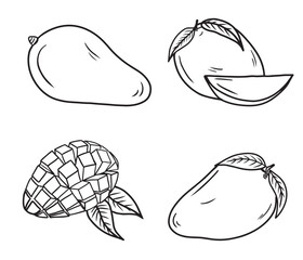Set of whole mango and sliced in black isolated on white background. Hand drawn vector sketch illustration in doodle engraved vintage line art style. Juicy fruit for sorbet, smoothie