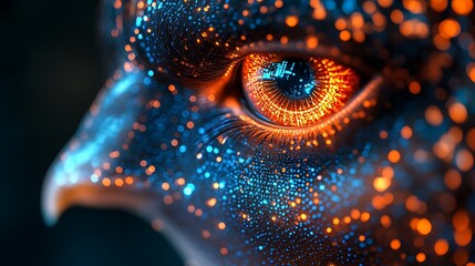 A polygonal peacock face with glowing cybernetic features and metallic patterns symbolizing AI