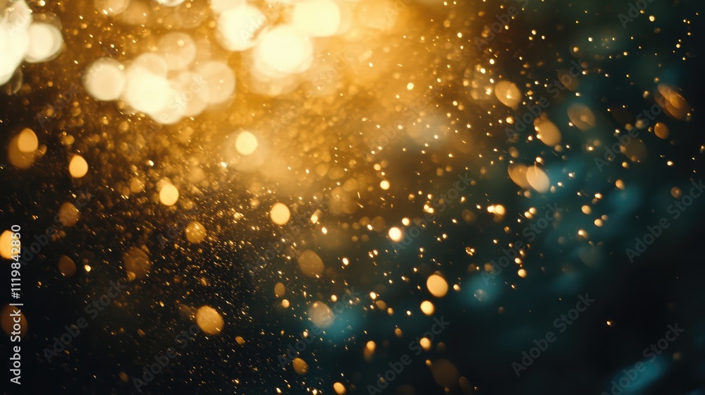 Poster glittering bokeh effect with warm golden and cool blue tones creating a dreamy abstract background f