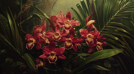 Vibrant closeup of exotic red orchids amidst lush green foliage in a tropical setting