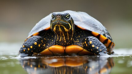Obraz premium Blanding's Turtle Emydoidea blandingii emerging from water in springtime showcasing vibrant colors in northern Illinois wetland habitat