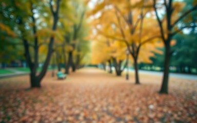 Fall foliage creates a colorful landscape in a tranquil park with scattered leaves and golden trees