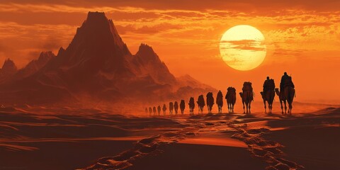 Fototapeta premium Desert Sunset Caravan of Camels Crossing Golden Dunes
