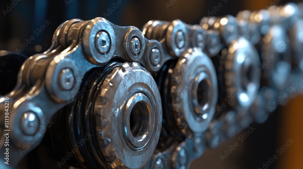 Poster close-up view of bicycle chain components highlighting intricate details and metal texture for cycli