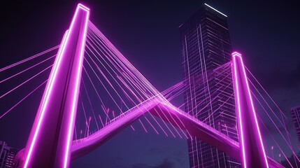 Obraz premium A modern bridge illuminated with pink lights, set against a dark city skyline.