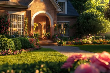Obraz premium Suburban brick house arched entrance, manicured lawn colorful flower beds pink roses