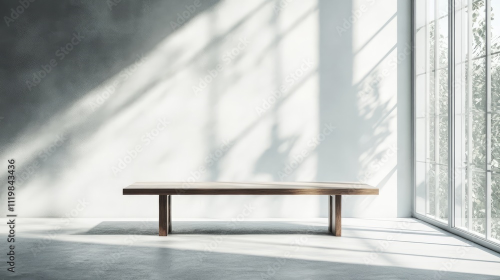Poster minimalist interior with empty wooden table and large window casting soft shadows in bright, airy sp