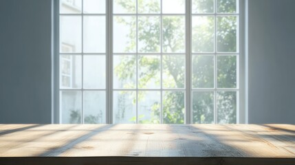 Fototapeta premium Sunlit empty table with a serene window view surrounded by greenery creating an inviting and tranquil atmosphere for presentations or displays