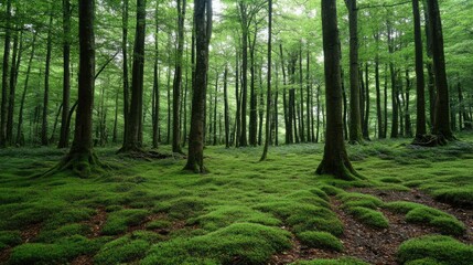 Obraz premium Tranquil beech tree forest illuminated by soft morning light with lush green moss covering the forest floor